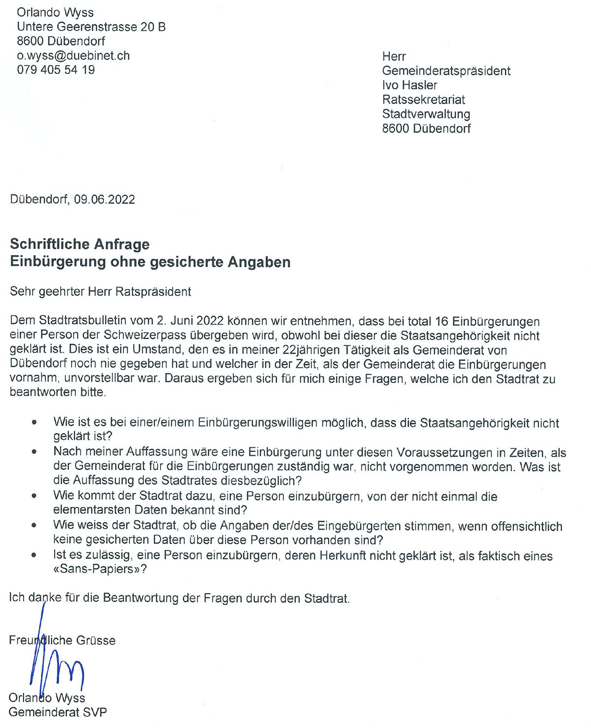 anfrage einbuerungen