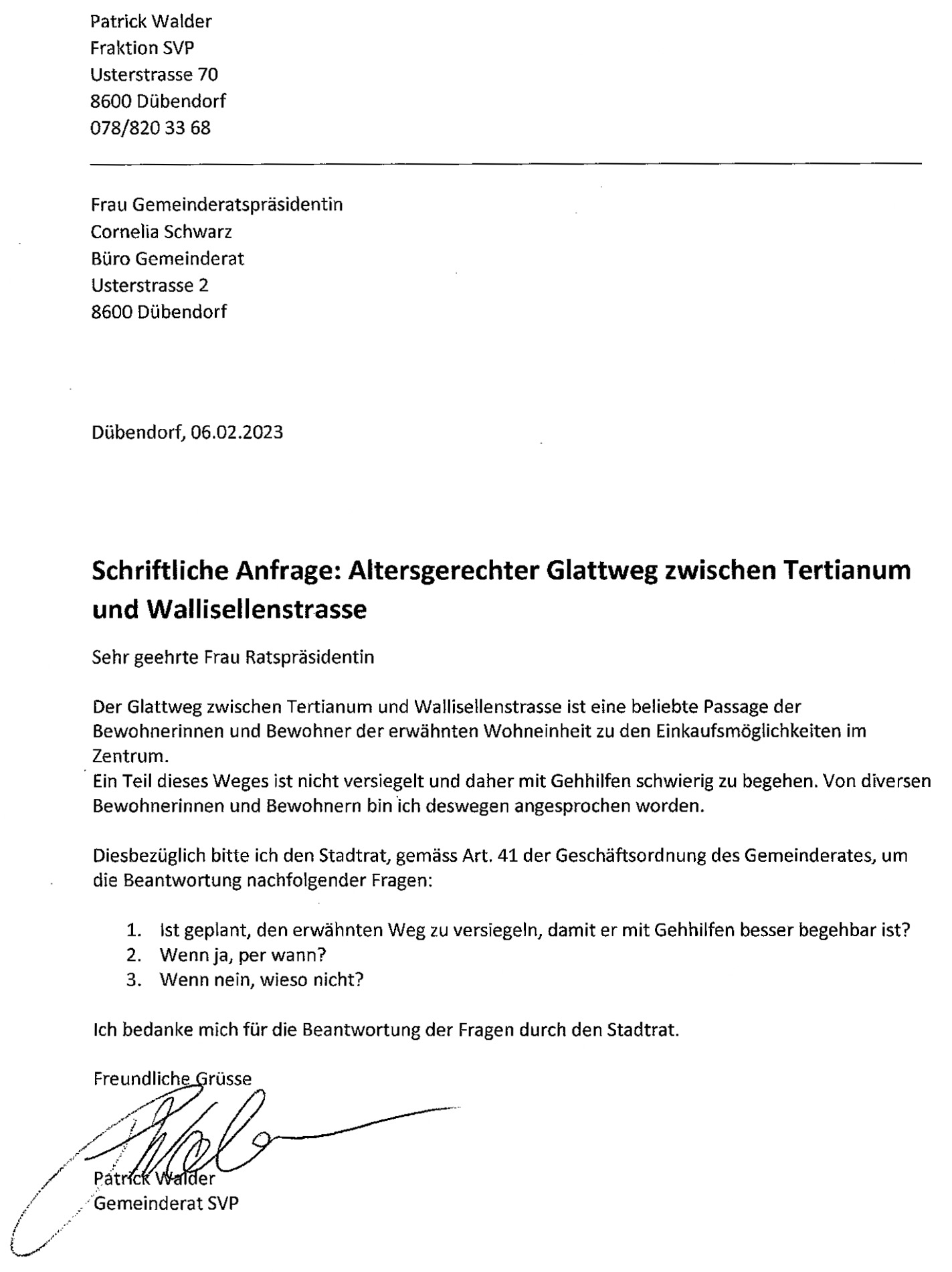 schriftliche anfrage patrick walder